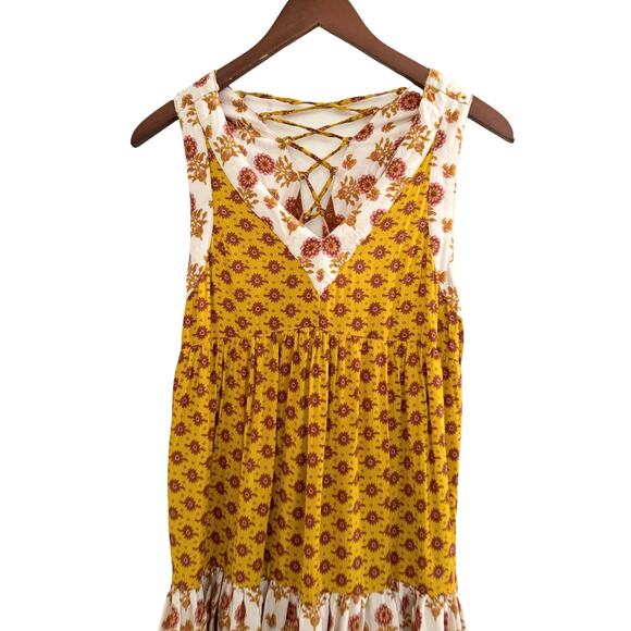 Baevely Large MUSTARD PATTERN TIE BACK MINI DRESS Boho Cottage Bohemian Sexy L - Picture 4 of 8